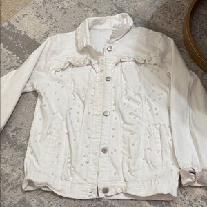 Women's White Denim Jacket with Pearl Accents